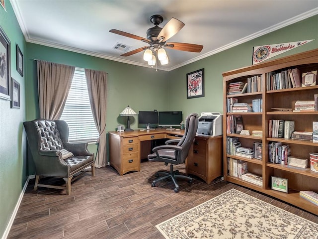 1816 Concord Pl, Norman, OK 73071 - office area featuring ceiling fan, wood finished floors, crown molding, and baseboards