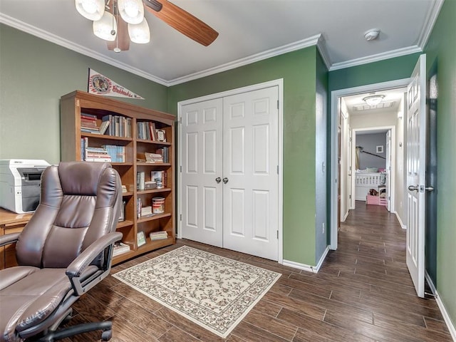 1816 Concord Pl, Norman, OK 73071 - home office with ceiling fan, crown molding, dark wood finished floors, and baseboards