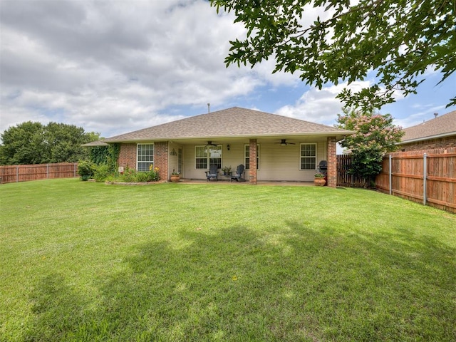 1816 Concord Pl, Norman, OK 73071 - back of house featuring a ceiling fan, brick siding, a patio area, and roof with shingles