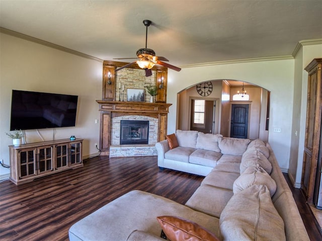 866 County St Unit 2922, Tuttle, OK 73089 - living area featuring arched walkways, crown molding, a ceiling fan, wood finished floors, and baseboards