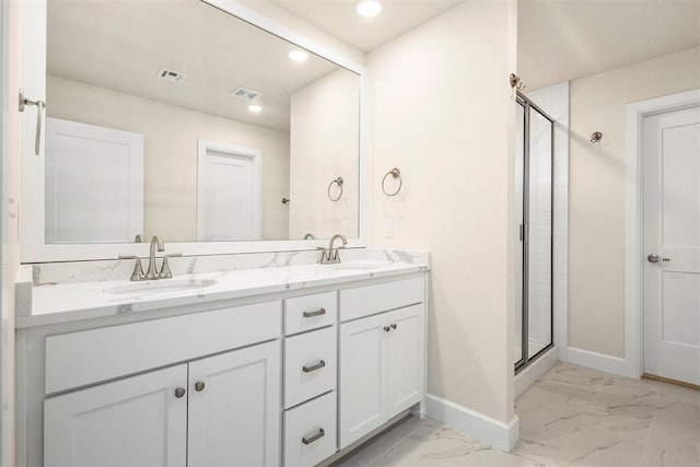 1208 Ariana St, Shawnee, OK 74804 - full bathroom with marble finish flooring, baseboards, double vanity, recessed lighting, and a stall shower