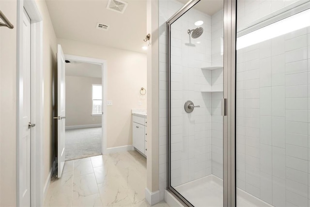 1208 Ariana St, Shawnee, OK 74804 - bathroom with marble look tiles, baseboards, a stall shower, and vanity
