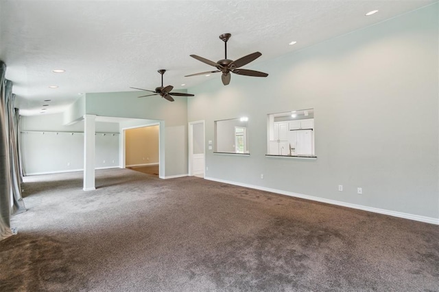 4208 Briarcrest St, Norman, OK 73072 - unfurnished living room featuring carpet, a ceiling fan, recessed lighting, a textured ceiling, and high vaulted ceiling