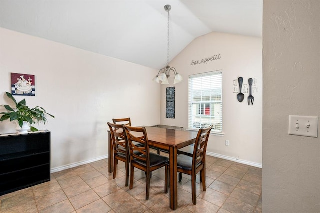 2365 Turtlewood River Rd, Midwest City, OK 73130 - tiled dining space with lofted ceiling, a chandelier, and baseboards