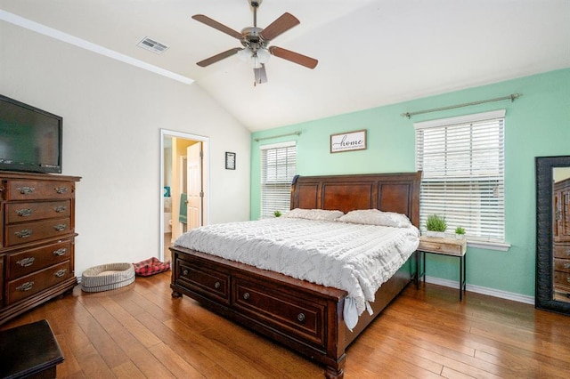 2365 Turtlewood River Rd, Midwest City, OK 73130 - bedroom featuring vaulted ceiling, hardwood / wood-style floors, baseboards, and ceiling fan