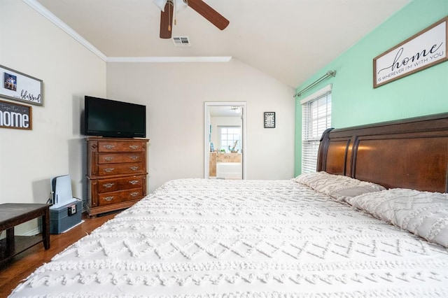 2365 Turtlewood River Rd, Midwest City, OK 73130 - bedroom featuring dark wood-style floors, lofted ceiling, ornamental molding, a ceiling fan, and ensuite bath