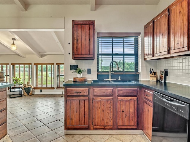 34207 Clearpond Rd, Shawnee, OK 74801 - kitchen featuring black dishwasher, a sink, beamed ceiling, tasteful backsplash, and dark countertops