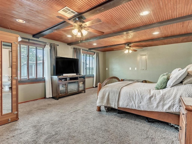 34207 Clearpond Rd, Shawnee, OK 74801 - bedroom with wooden ceiling with exposed beams, multiple windows, baseboards, carpet flooring, and recessed lighting