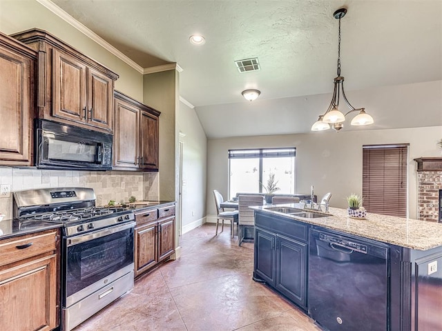4305 NW 164th Ter, Edmond, OK 73013 - kitchen with black appliances, a sink, tasteful backsplash, crown molding, and hanging light fixtures