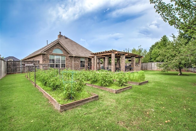 2717 Cordgrass Ln, Edmond, OK 73013 - back of property with a garden, a pergola, brick siding, and a chimney