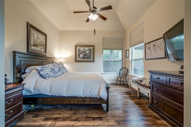 2717 Cordgrass Ln, Edmond, OK 73013 - bedroom with lofted ceiling, dark wood finished floors, baseboards, and a ceiling fan