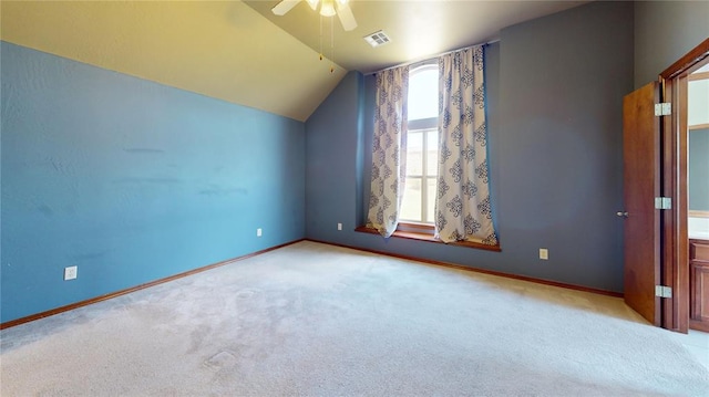 832 Elm Creek Dr, Moore, OK 73160 - bonus room featuring a ceiling fan, carpet flooring, lofted ceiling, and baseboards