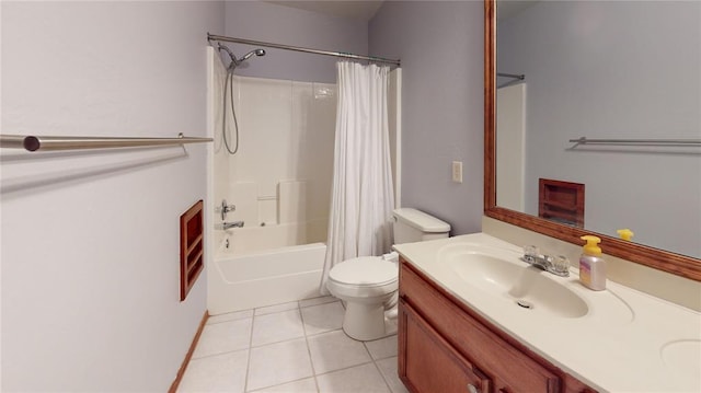 832 Elm Creek Dr, Moore, OK 73160 - full bathroom featuring vanity, shower / bathtub combination with curtain, tile patterned flooring, and toilet