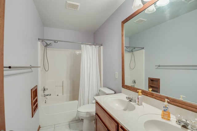 832 Elm Creek Dr, Moore, OK 73160 - bathroom featuring shower / bathtub combination with curtain, tile patterned flooring, double vanity, and toilet