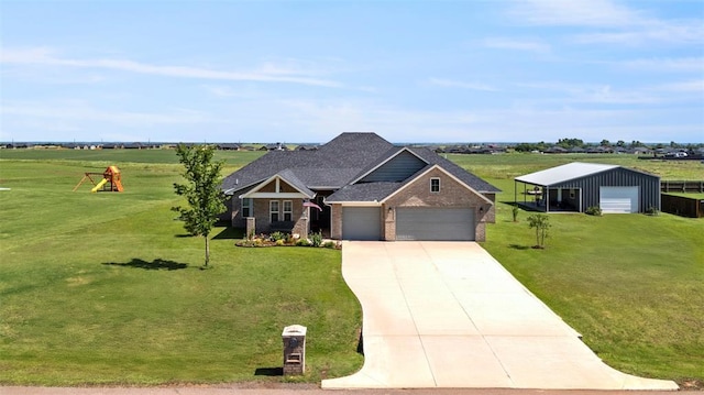 29731 Jade St, Cashion, OK 73016 - craftsman-style home featuring a front yard, brick siding, driveway, an attached garage, and a shingled roof