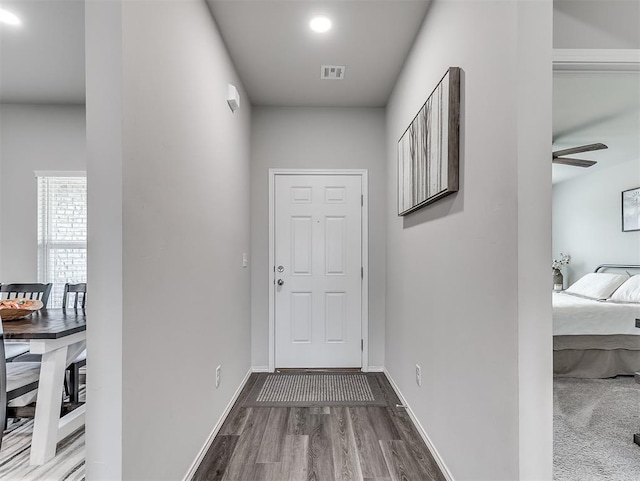 42173 N Max Henry Dr, Shawnee, OK 74804 - doorway to outside with wood finished floors, a ceiling fan, and baseboards