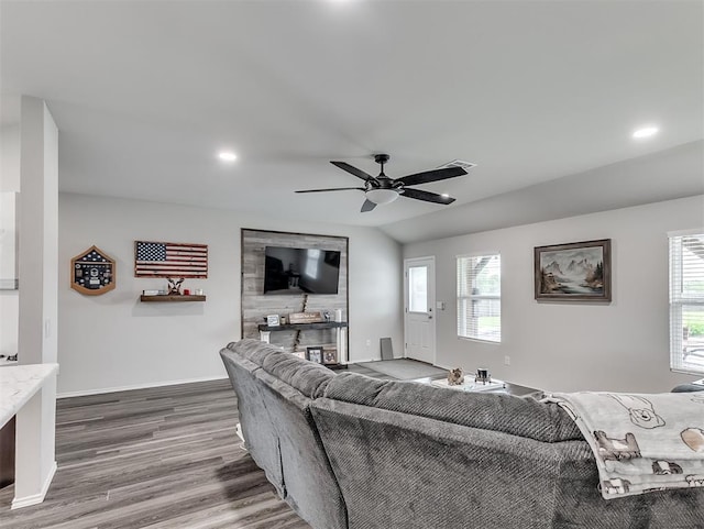 42173 N Max Henry Dr, Shawnee, OK 74804 - living room with dark wood-style flooring, recessed lighting, baseboards, and ceiling fan