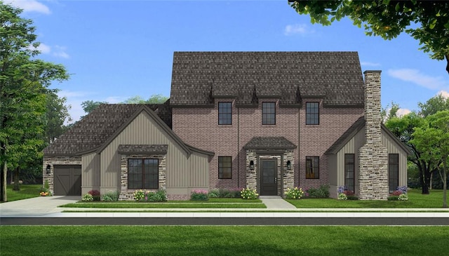 6408 NE 94th St, Oklahoma City, OK 73151 - view of front facade with a front yard, a chimney, driveway, and a garage