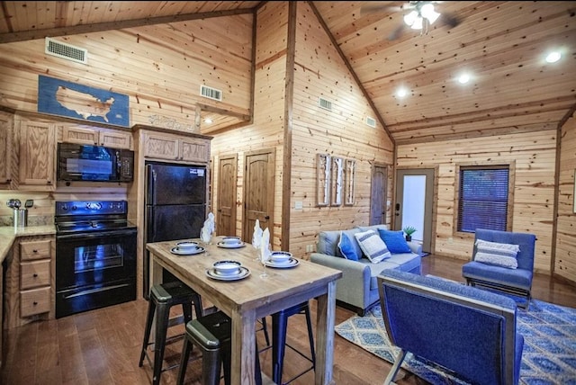 56 Muscadine Trl, Broken Bow, OK 74728 - dining space with high vaulted ceiling, wood walls, wooden ceiling, dark wood-type flooring, and a ceiling fan