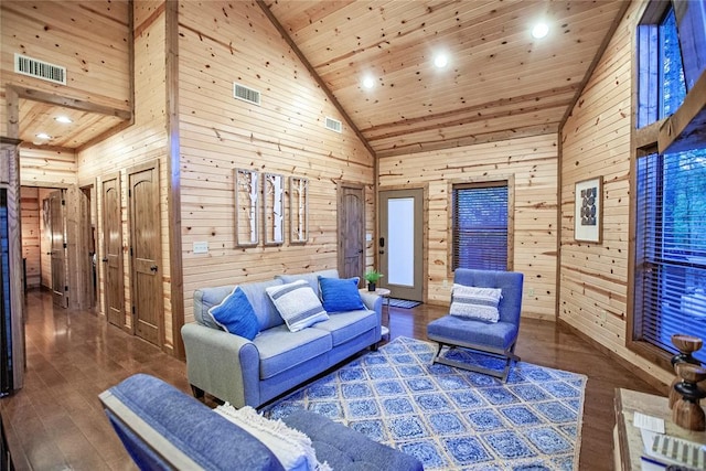 56 Muscadine Trl, Broken Bow, OK 74728 - living room with high vaulted ceiling, wooden walls, recessed lighting, wood finished floors, and wood ceiling
