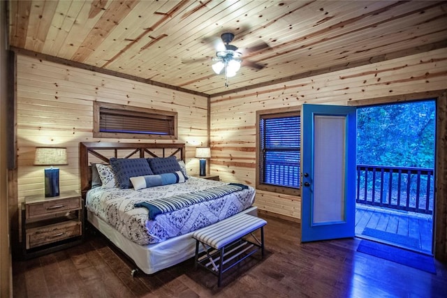 56 Muscadine Trl, Broken Bow, OK 74728 - bedroom with wood walls, wood ceiling, and dark wood-type flooring