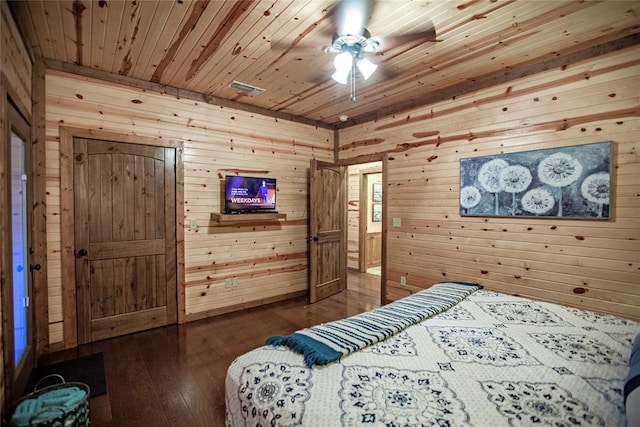 56 Muscadine Trl, Broken Bow, OK 74728 - bedroom featuring wooden walls, hardwood / wood-style flooring, and wood ceiling