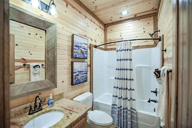 56 Muscadine Trl, Broken Bow, OK 74728 - full bath featuring wood walls, toilet, shower / bath combo, vanity, and wooden ceiling