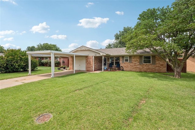 201 Vine St, Yukon, OK 73099 - ranch-style home featuring driveway, a garage, a front lawn, and brick siding