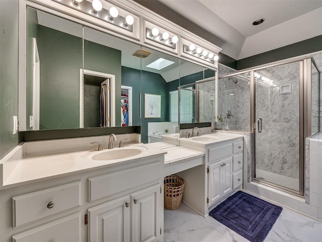 13925 Middleberry Rd, Edmond, OK 73013 - bathroom with marble finish flooring, vanity, a shower stall, and a spacious closet