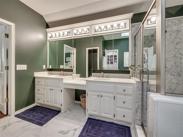 13925 Middleberry Rd, Edmond, OK 73013 - full bath featuring vanity, a shower stall, marble finish floors, vaulted ceiling, and baseboards