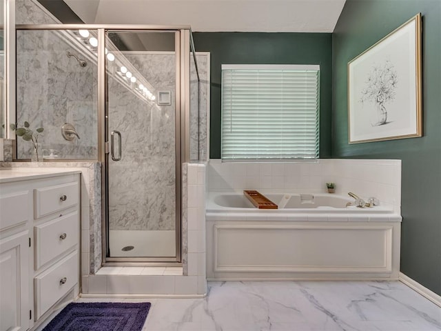 13925 Middleberry Rd, Edmond, OK 73013 - bathroom with a bath, vanity, a stall shower, and marble finish flooring