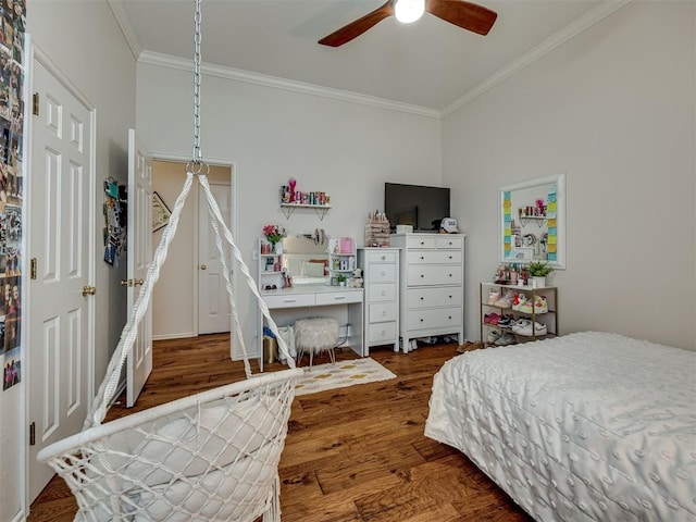 13925 Middleberry Rd, Edmond, OK 73013 - bedroom featuring ornamental molding, wood finished floors, and ceiling fan
