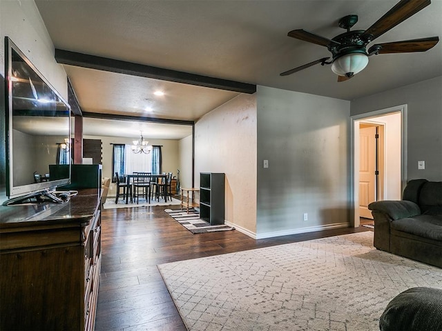 1545 N Pennsylvania Ave, Shawnee, OK 74804 - living room with a chandelier, dark wood-style flooring, a ceiling fan, beam ceiling, and baseboards
