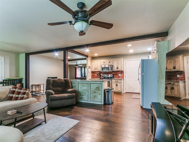 1545 N Pennsylvania Ave, Shawnee, OK 74804 - living room with ceiling fan, dark wood-style flooring, recessed lighting, and beam ceiling