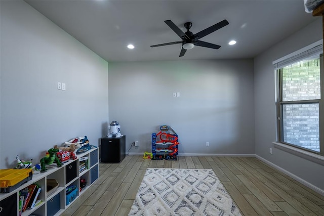 8725 NW Kensington Pl, Lawton, OK 73505 - rec room featuring light wood-type flooring, baseboards, ceiling fan, and recessed lighting