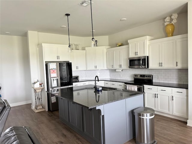 2320 Dixie Dr, Blanchard, OK 73010 - kitchen featuring appliances with stainless steel finishes, dark wood finished floors, decorative backsplash, and white cabinets