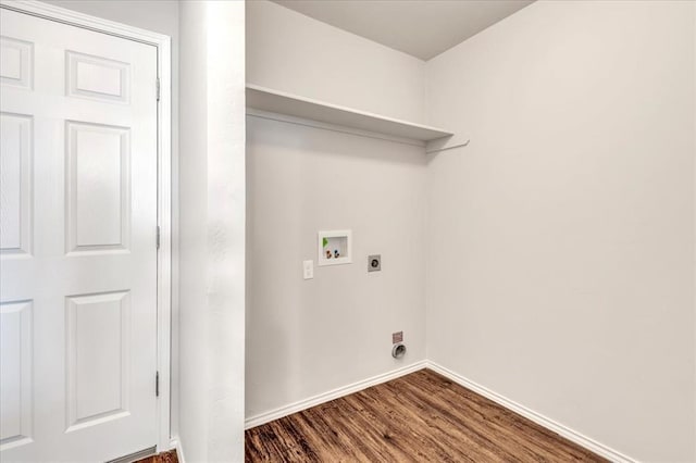 9912 Ruger Rd, Yukon, OK 73099 - laundry room with hookup for an electric dryer, washer hookup, dark wood-style floors, and baseboards