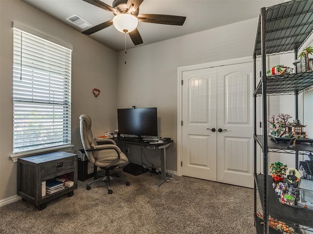 3317 Open Prairie Trl, Yukon, OK 73099 - office area with a ceiling fan, carpet flooring, and baseboards