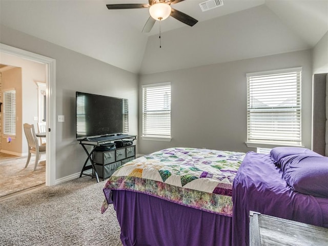 3317 Open Prairie Trl, Yukon, OK 73099 - bedroom featuring lofted ceiling, carpet, baseboards, and a ceiling fan