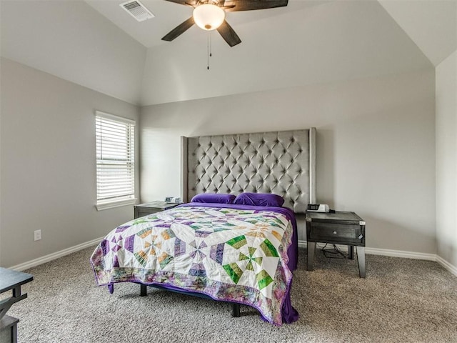 3317 Open Prairie Trl, Yukon, OK 73099 - bedroom featuring carpet, vaulted ceiling, baseboards, and ceiling fan