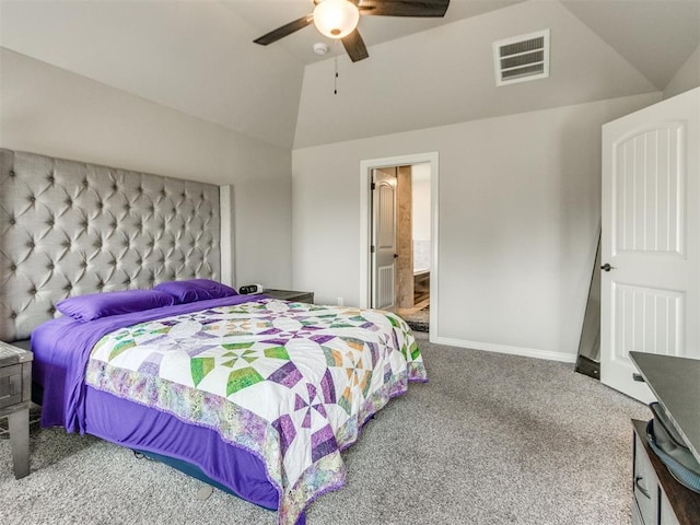 3317 Open Prairie Trl, Yukon, OK 73099 - bedroom featuring carpet, ceiling fan, baseboards, high vaulted ceiling, and connected bathroom