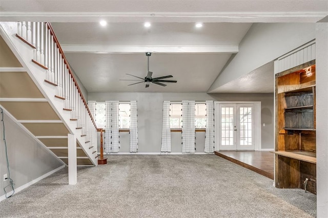 816 Woodbury Dr, Edmond, OK 73034 - unfurnished living room featuring carpet flooring, ceiling fan, stairs, french doors, and recessed lighting