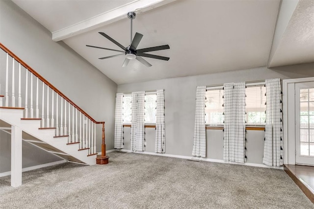 816 Woodbury Dr, Edmond, OK 73034 - unfurnished living room featuring carpet flooring, ceiling fan, and stairway