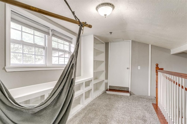 816 Woodbury Dr, Edmond, OK 73034 - interior space with a textured ceiling, vaulted ceiling, and carpet flooring