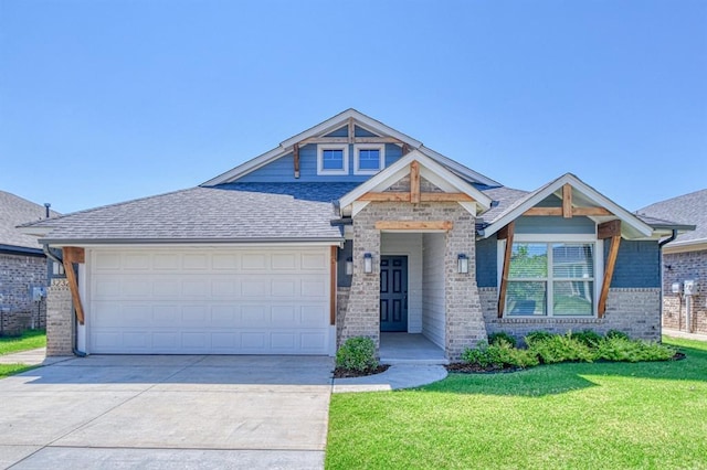 3232 Pagoda Pead Dr, Yukon, OK 73099 - craftsman-style home with brick siding, driveway, an attached garage, a front yard, and a shingled roof