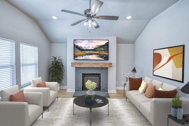 3232 Pagoda Pead Dr, Yukon, OK 73099 - living area featuring vaulted ceiling, light wood-type flooring, a ceiling fan, a fireplace, and recessed lighting