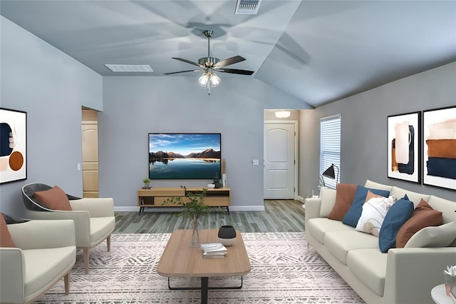 11100 NW 131st St, Yukon, OK 73099 - living area featuring lofted ceiling, wood finished floors, ceiling fan, and baseboards