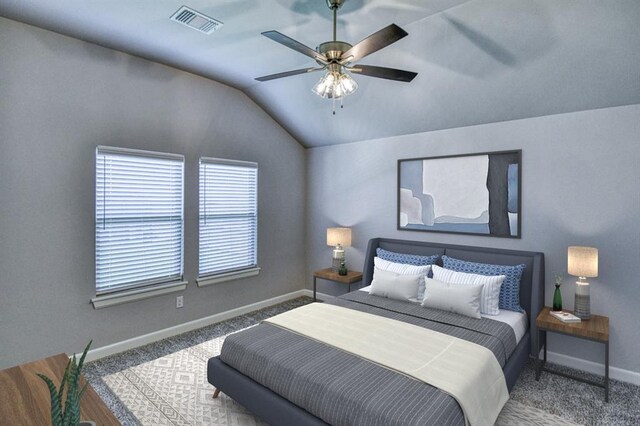 11100 NW 131st St, Yukon, OK 73099 - bedroom with lofted ceiling, carpet flooring, and ceiling fan