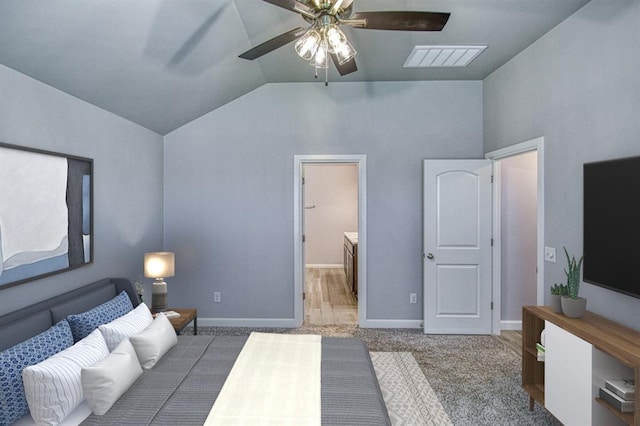 11100 NW 131st St, Yukon, OK 73099 - carpeted bedroom featuring vaulted ceiling, baseboards, and a ceiling fan