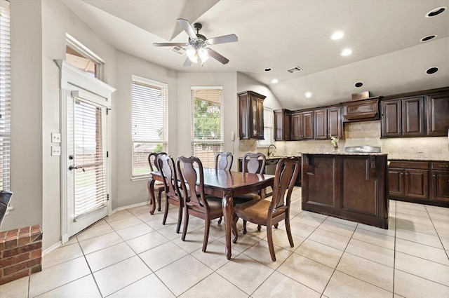3401 First Capitol Cir, Guthrie, OK 73044 - dining space with ceiling fan, light tile patterned floors, recessed lighting, lofted ceiling, and baseboards